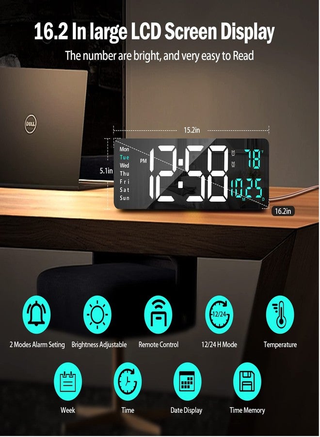 Lantoo ساعة حائط رقمية - شاشة LED كبيرة 16.2 بوصة، ساعة منبه مع جهاز تحكم عن بعد، تنسيق 12/24 ساعة، سطوع تلقائي، ساعات رقمية صامتة مع عرض درجة الحرارة والتاريخ والأسبوع لتزيين غرفة المعيشة (أخضر 2) - Image 3